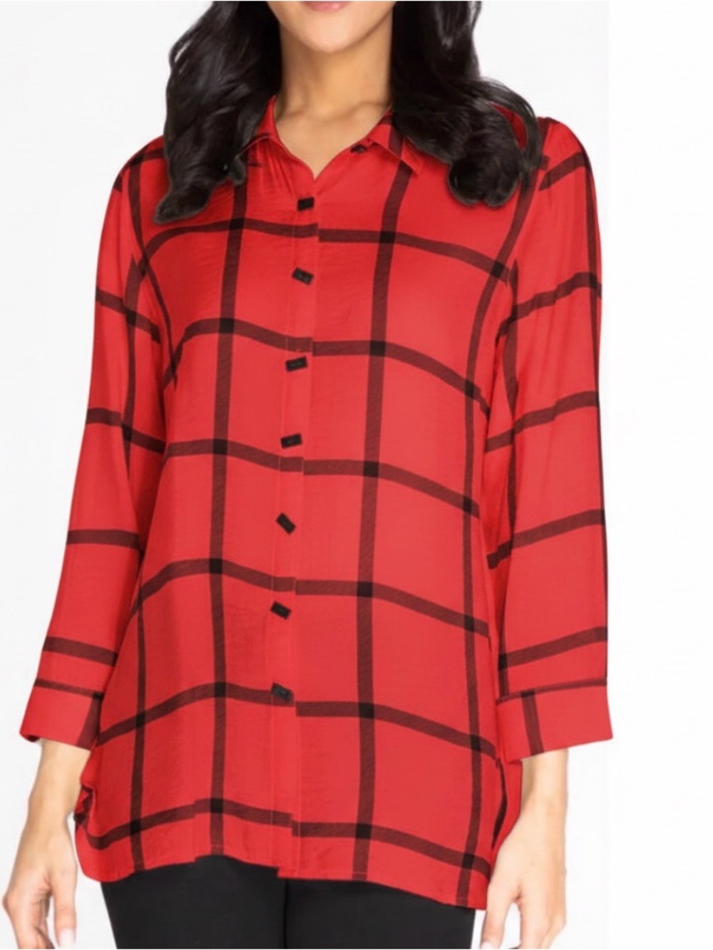 NWT! Multiples Windowpane/Plaid Print Tunic, SMALL, RED/BLACK